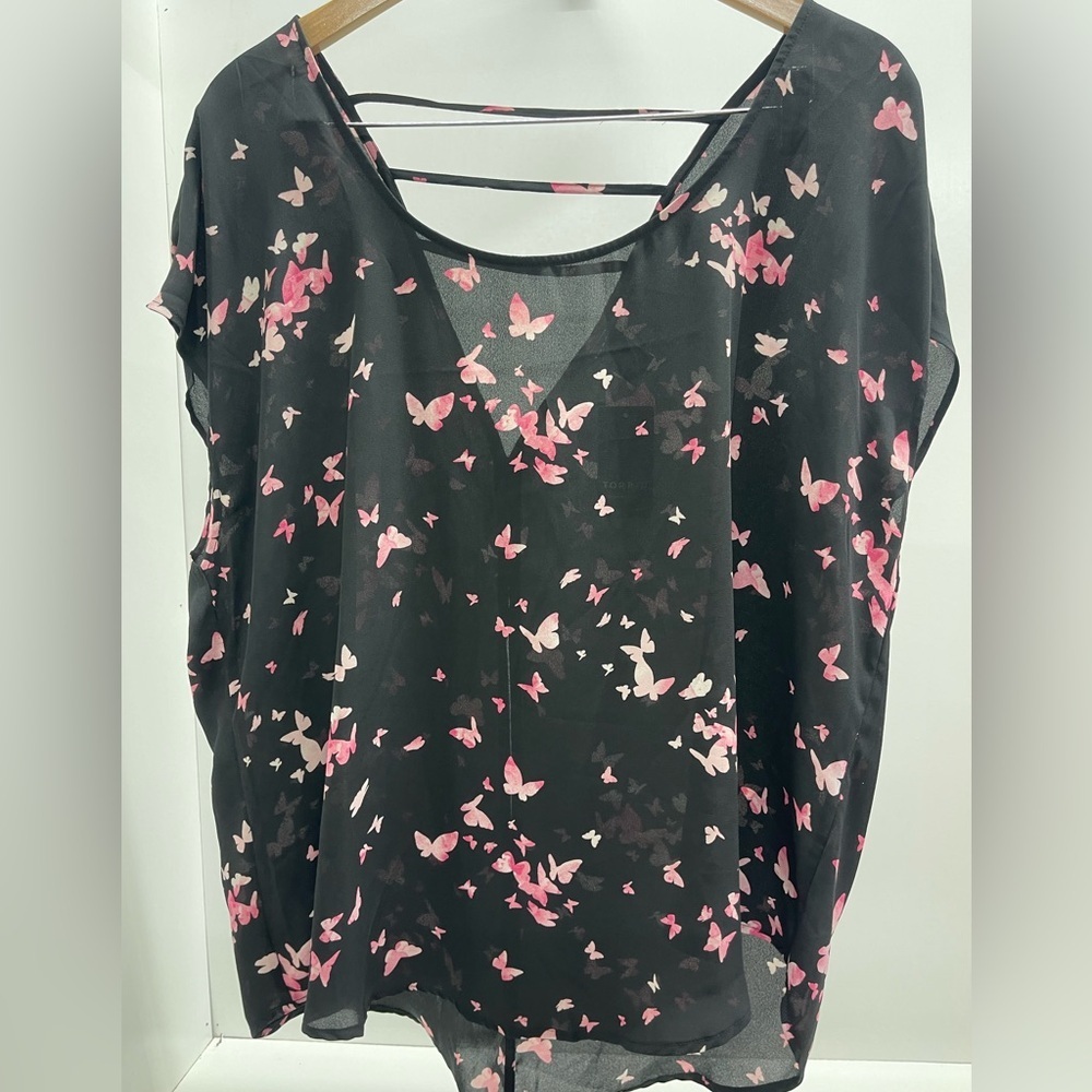Torrid Sheer Black Open Back Blouse with Pink Butterfly Print